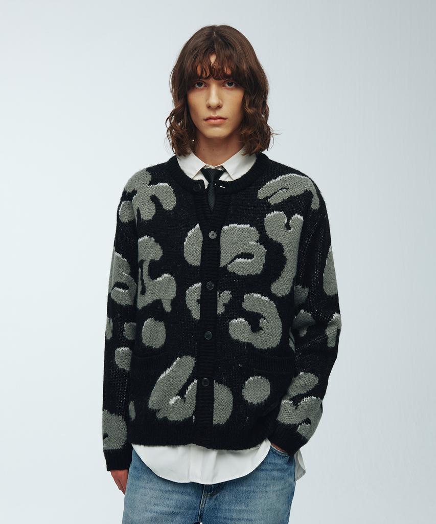 Knitted Bulky Brush Pattern Cardigan Black