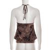 Retro Print Beaded Halter Crop Top for Women - Vintage Slim Fit