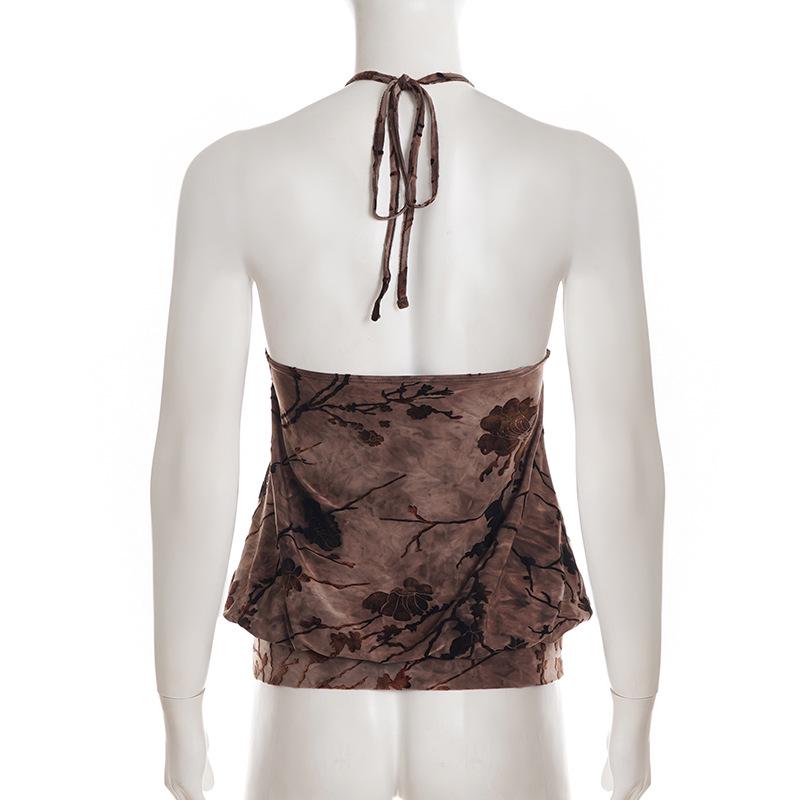 Retro Print Beaded Halter Crop Top for Women - Vintage Slim Fit