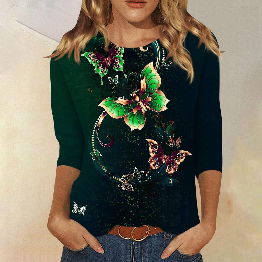Vår och Höst Rundhals Blommönster 3D Kreativ Personlig Färgglad Tryckt Topp Trendig Casual Långärmad Dam T-shirts