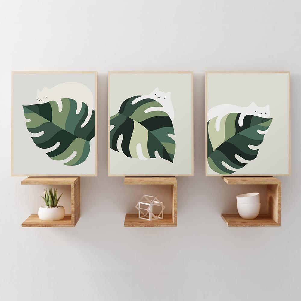 Nordic Animal Posters and Printed Canvas Paintings, Cat and Green Plant Walls, Art Plant Pictures, Children's Room
