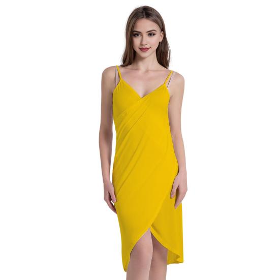 Women Beach Dress Wrap Spaghetti Strap Solid Color Sleeveless Backless Vacation Slip Dress Irregular Hem Slim Fit Midi Dress