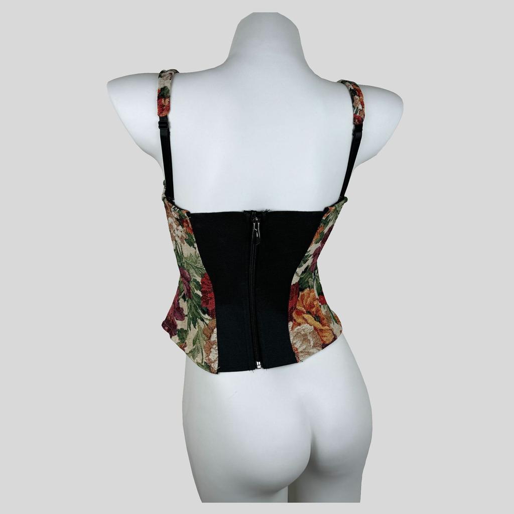 Women's Vintage Floral Boned Corset Top, Push Up Bustier Spaghetti Strap Crop Top For Waist Cinching & Layering