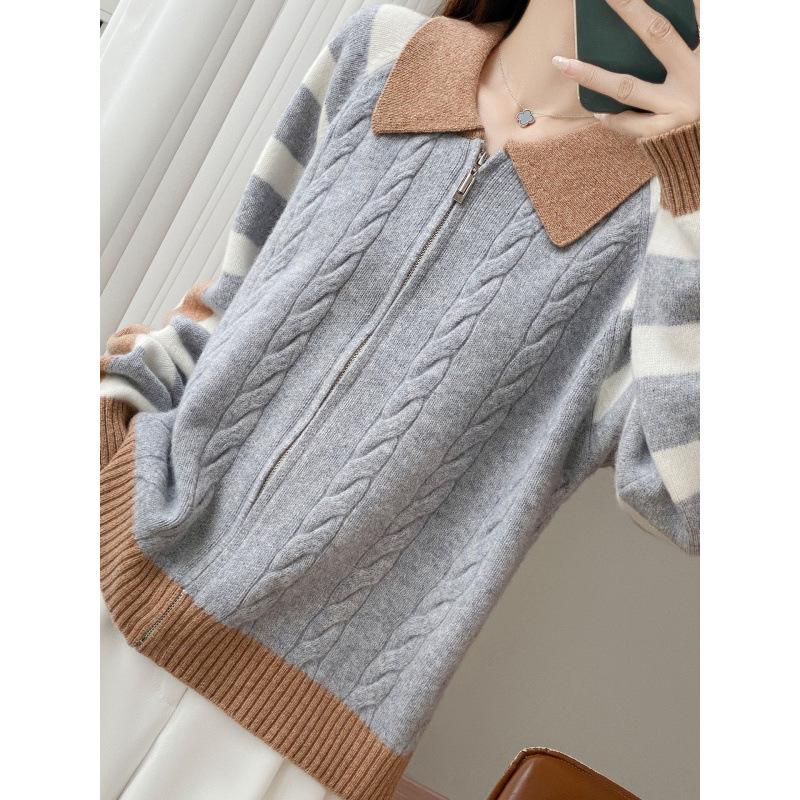 Autumn/Winter 2025 Women's Pure Wool Knit POLO Cardigan with Zipper and Color Block Buttons - Soft, Fluffy, Long Sleeve Top