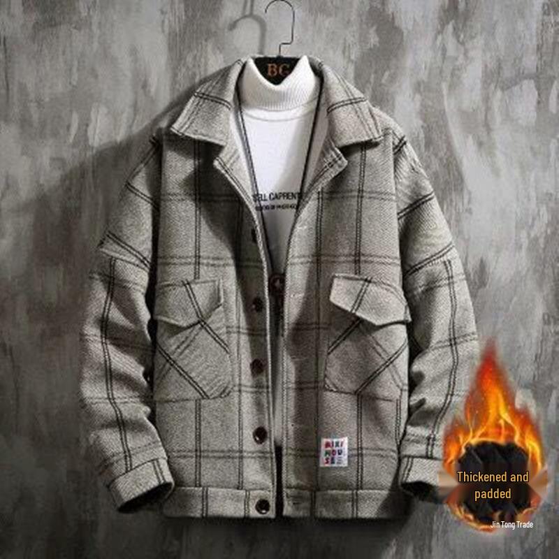 Men's Korean Plaid Woolen Coat - Autumn/Winter Casual British Lapel Windbreaker