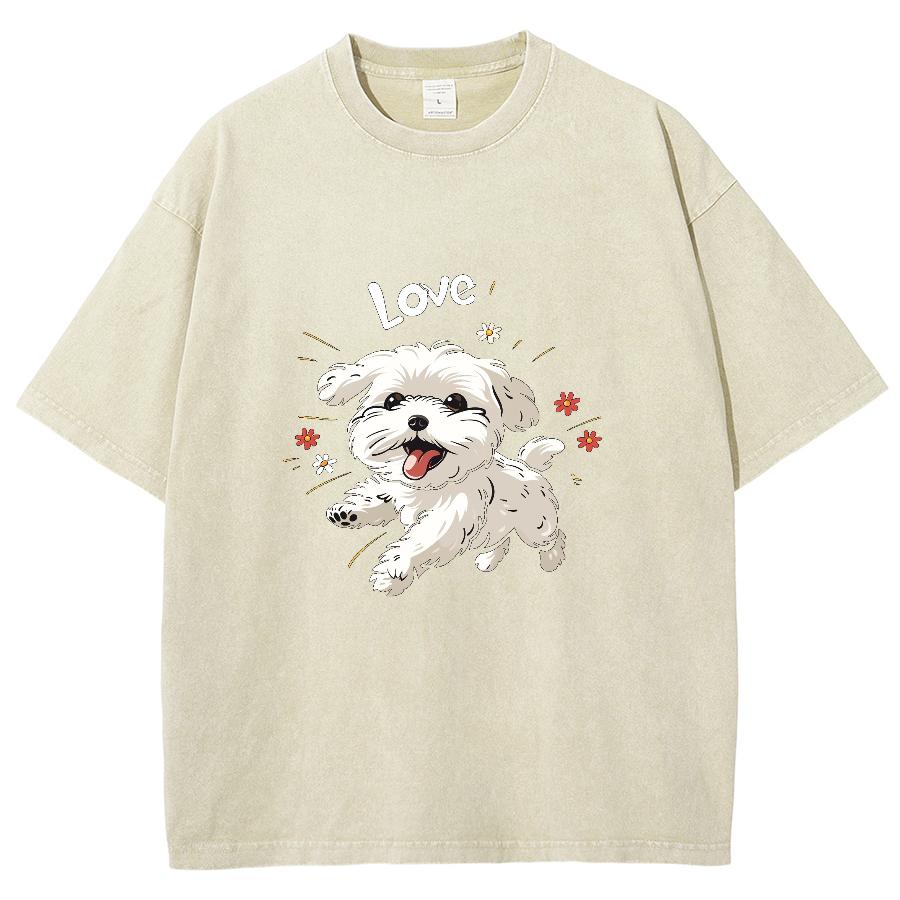 Hand Painted White Bichon Terrier Print Women Wash T-Shirt Oversized Crew Neck Cotton Half Sleeve Summer Cute Sweetheart Top