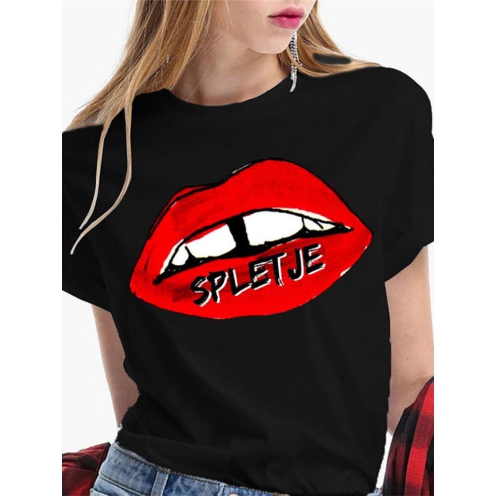 Fashion Sexy Red Lip Women T Shirt Funny Kiss Lips Print Ladies T-shirt Casual Basis O-collar Short Sleeves Female Tops Tees