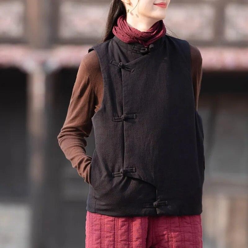Johnature Dámské Vintage vesty Kabáty Stojánek Jednobarevný Knoflíček Plus Bavlněné Oblečení Podzimní Teplé vesty v čínském stylu