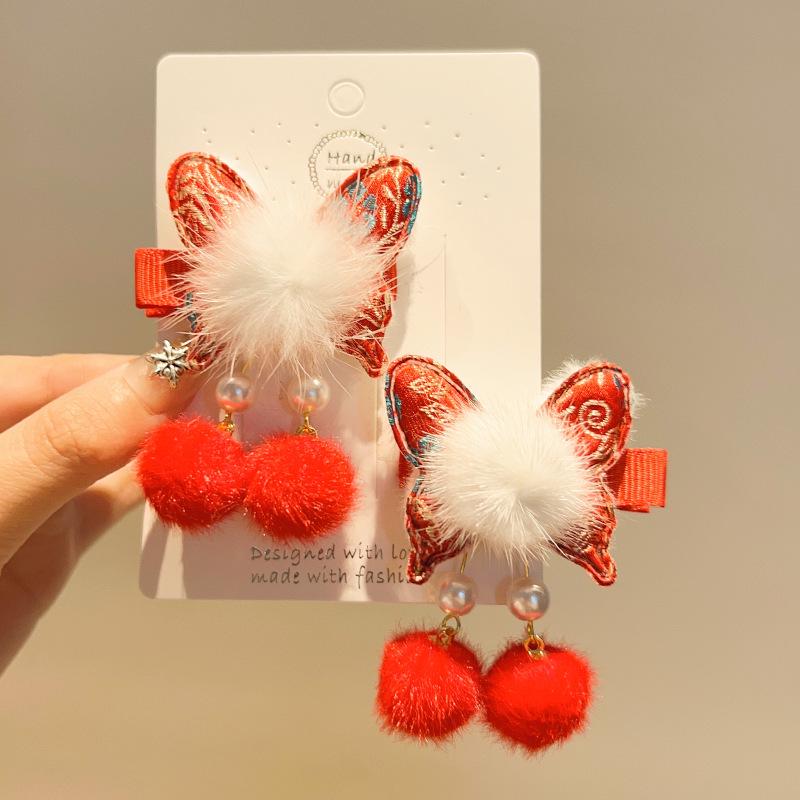 Red New Year Hanfu Hair Clips for Girls - Chinese Style Floral Headwear
