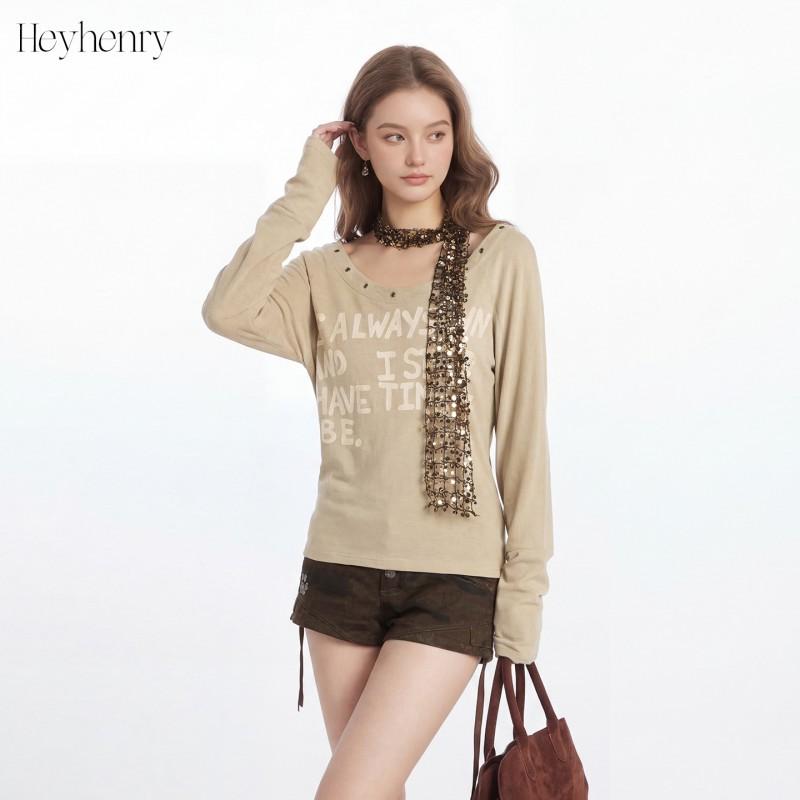 HeyHenry Womens Slim Fit Long Sleeve T-Shirt U-Neck Letter Print Top Retro Y2K Streetwear
