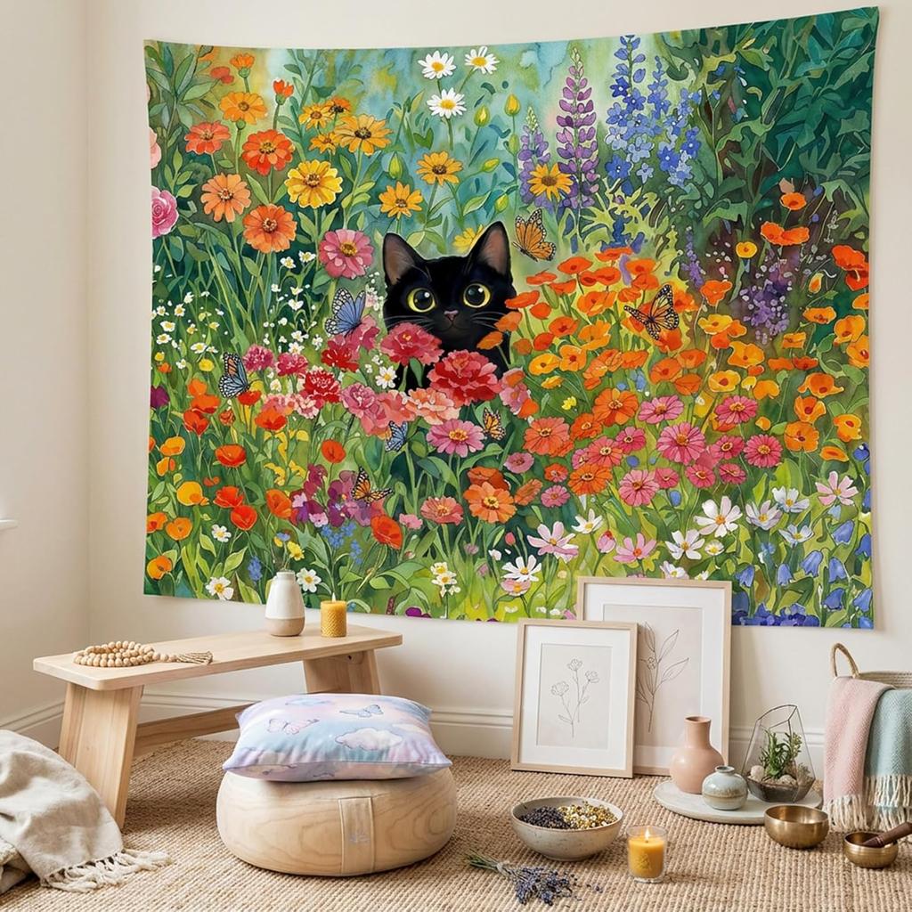 Black Cat Flower Garden Tapestries Watercolor Floral Art Tapestries Butterflies Nature Wall Tapestry Bedroom Dormitory Living