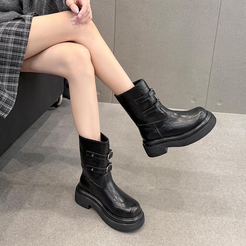 Cowhide~ Martin Boots Women's Autumn and Winter British Women's Leather Boots Thick-soled Versatile Knight Boots Chelsea Short Boots Medium Boots