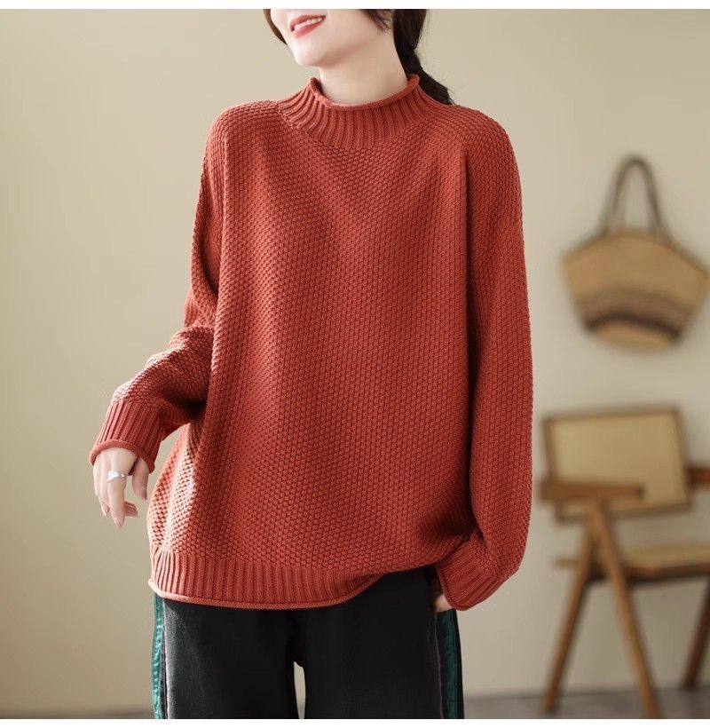 Women's Loose Stand Collar Sweater Autumn Winter Vintage Soft Skin-Friendly Solid Color Sweater