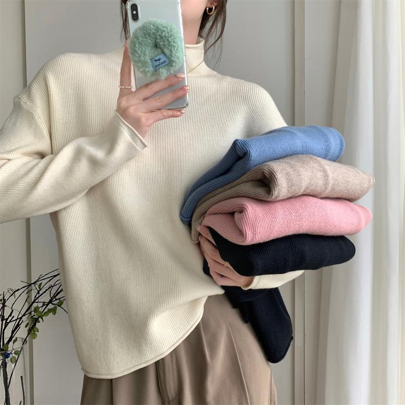 Solid-color Sweater Women's Fashion Korean-style Half Turtleneck Pullover Casual Loose Long-sleeved Knitted Sweater for Spring and Autumn