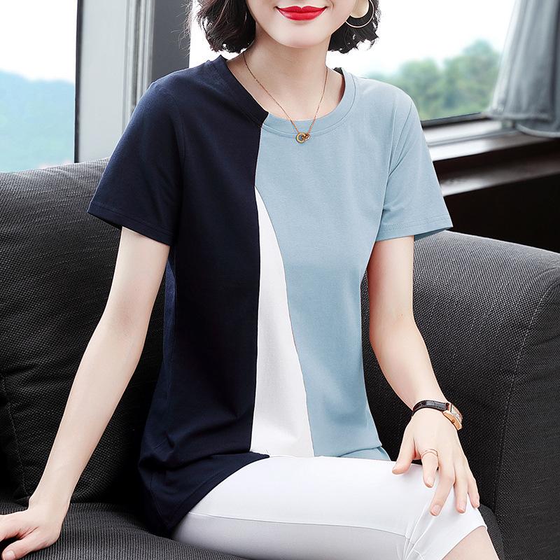 

YYFS Женская мода повседневная летняя весна цветные блоки с принтом короткий рукав О-образный вырез блузки и рубашки XL