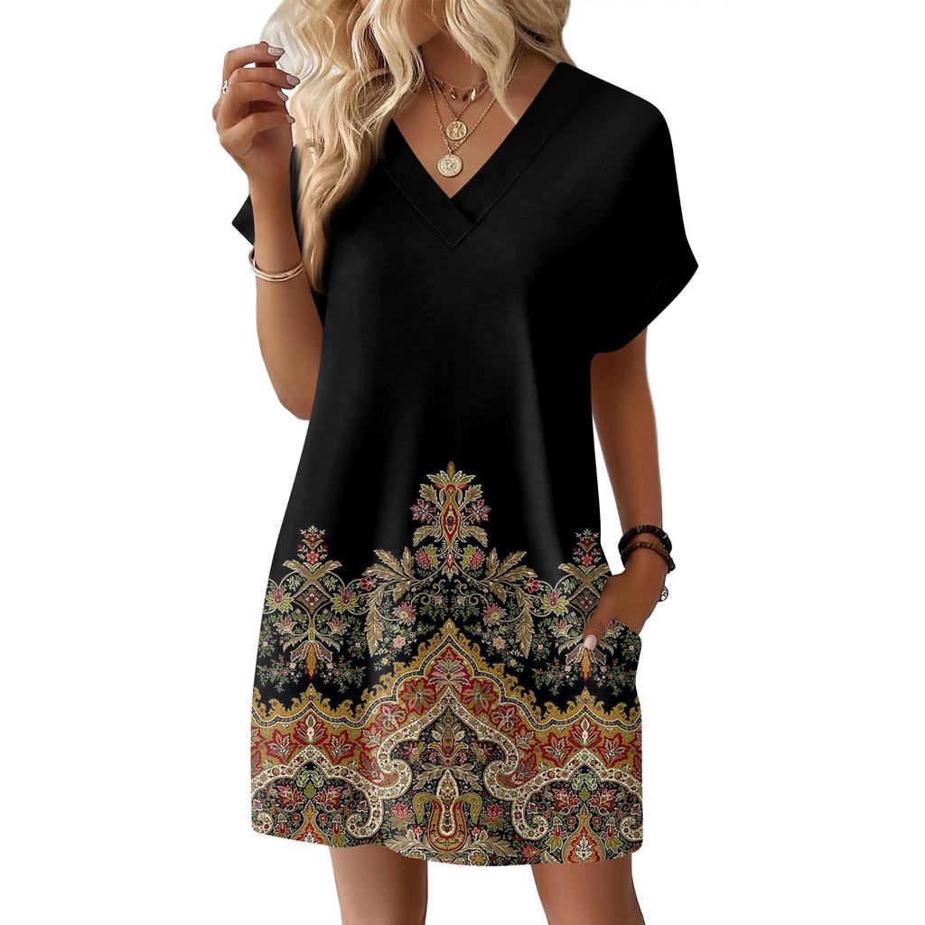 Women's Fashionable Floral Print V-neck Short Sleeved Pocket Casual Pullover Dress