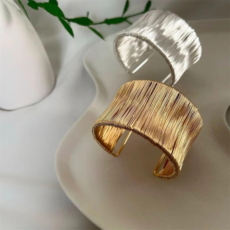 Vintage Gold Color Multi-Layer Opening Wide Cuff Bracelet for Women Exaggerated Metal Lines Wrist Bracelet Party Jewelry Gift