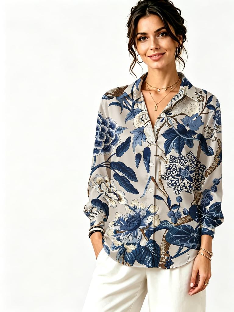 Women Lapel Long Sleeve Chinese Floral Print Shirt, Thin Blouse for Office Work, Daily Wear, Party & Vacation