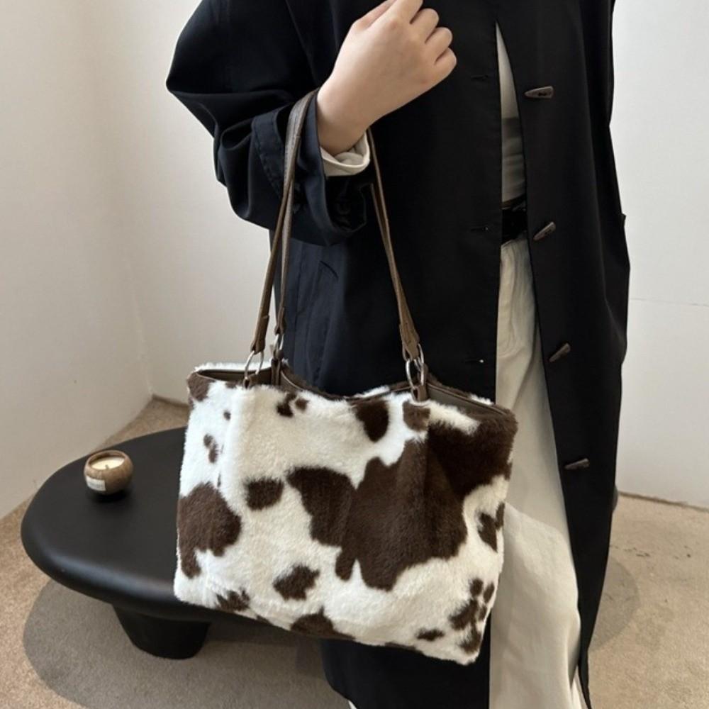 Large Capacity Plush Tote Bag Durable Underarm Bag Fashion Cow Print Shoulder Bag  Winter