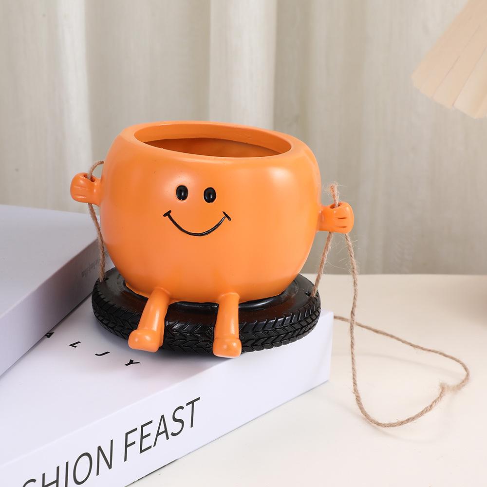Smiley Face Succulent Planter: Creative Resin Flower Pot with Swing Ornaments