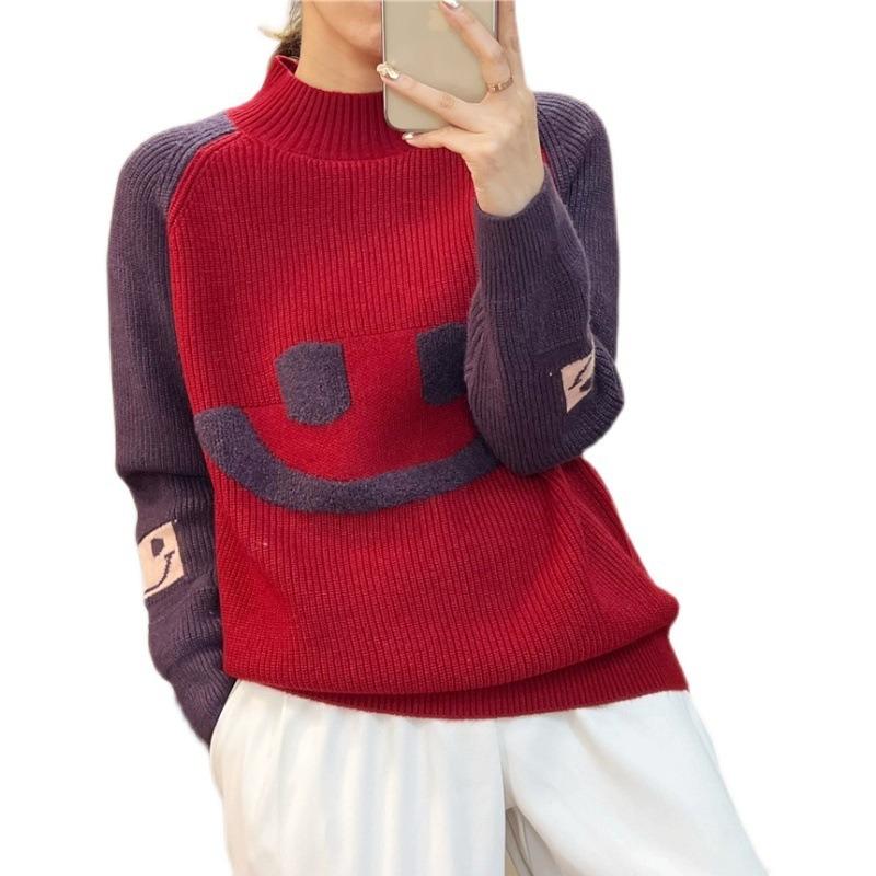 Autumn women's new semi-turtleneck knitted bottoming shirt contrasting smiley face with sweater women's top women's clothing