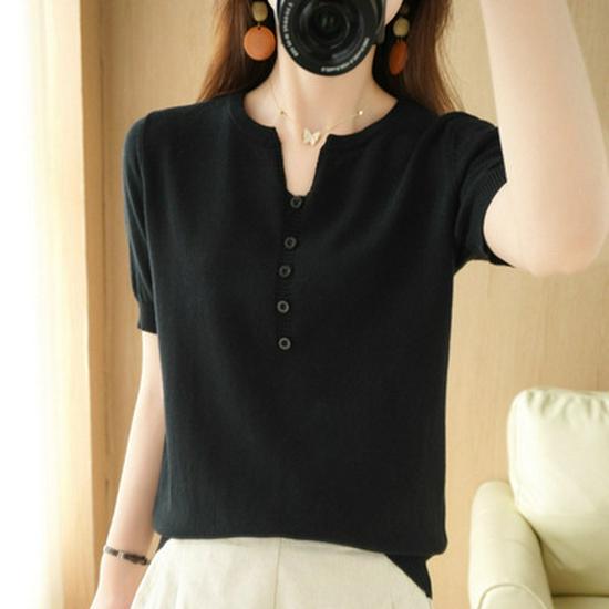 Women's Cotton Linen V-Neck Short Sleeve Button-Up Top