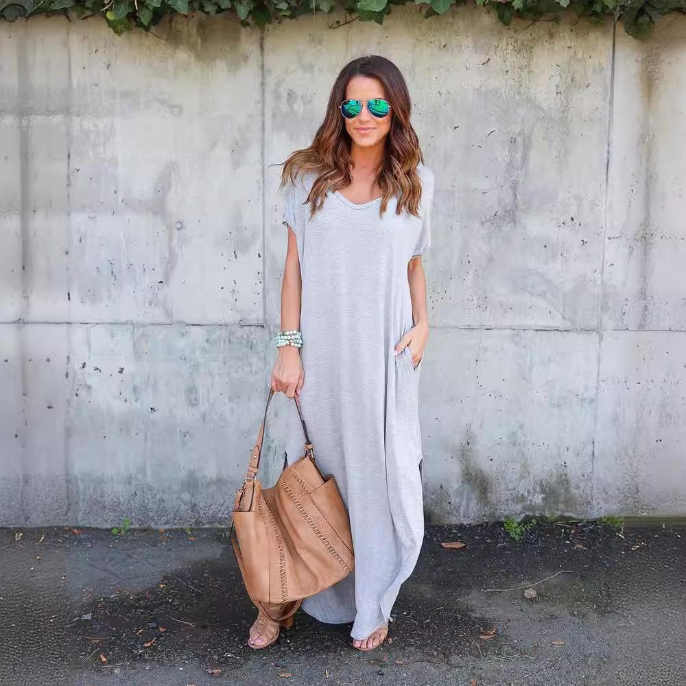 GMXIA Summer Solid Color Print V-neck Pocket Slit Dress