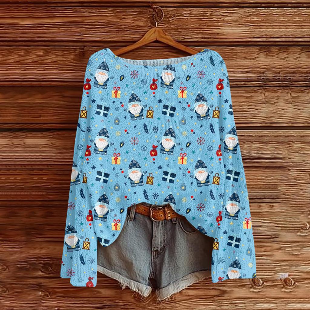 Ladies' Fashionable Casual Long Sleeved Christmas Printed Round Neck Knitted Yarn