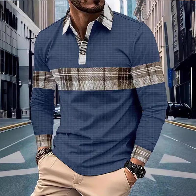 Fashion Flip Collar Office Polo Shirt Men's Breathable Leisure Long Sleeve Tops New Spring Autumn Plaid Casual Mens Clothing