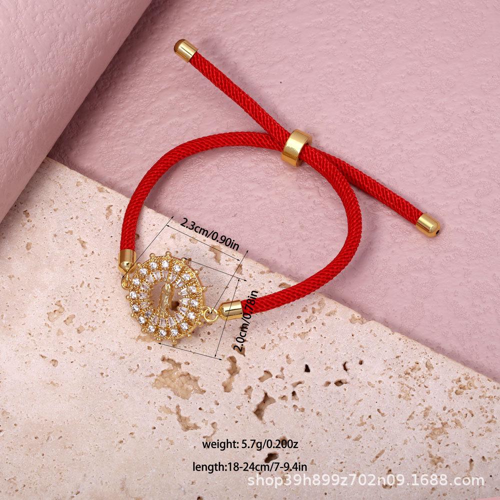 Gold-Plated Virgin Mary Zircon Bracelet with Adjustable Cotton Rope