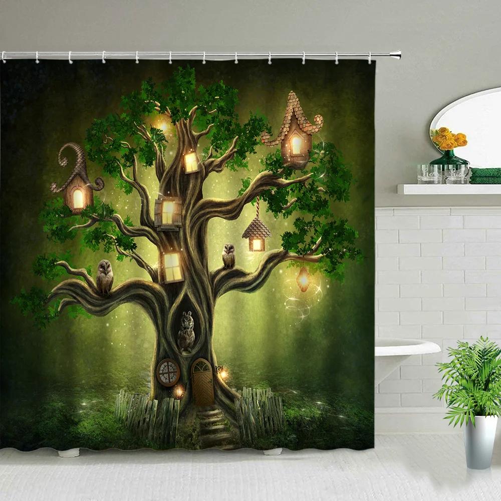 Beautiful Wing Elves Girl Shower Curtain Fantasy Enchanted Forest Bathroom Decor Deer Mushroom Flower Backdrop Hanging Curtains