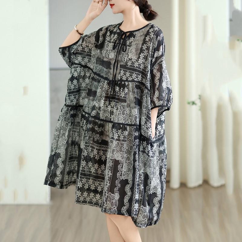 Krótki rękaw Plus rozmiar Bawełna vintage kwiatowe nowe sukienki dla kobiet swobodna luźna sukienka midi letnia