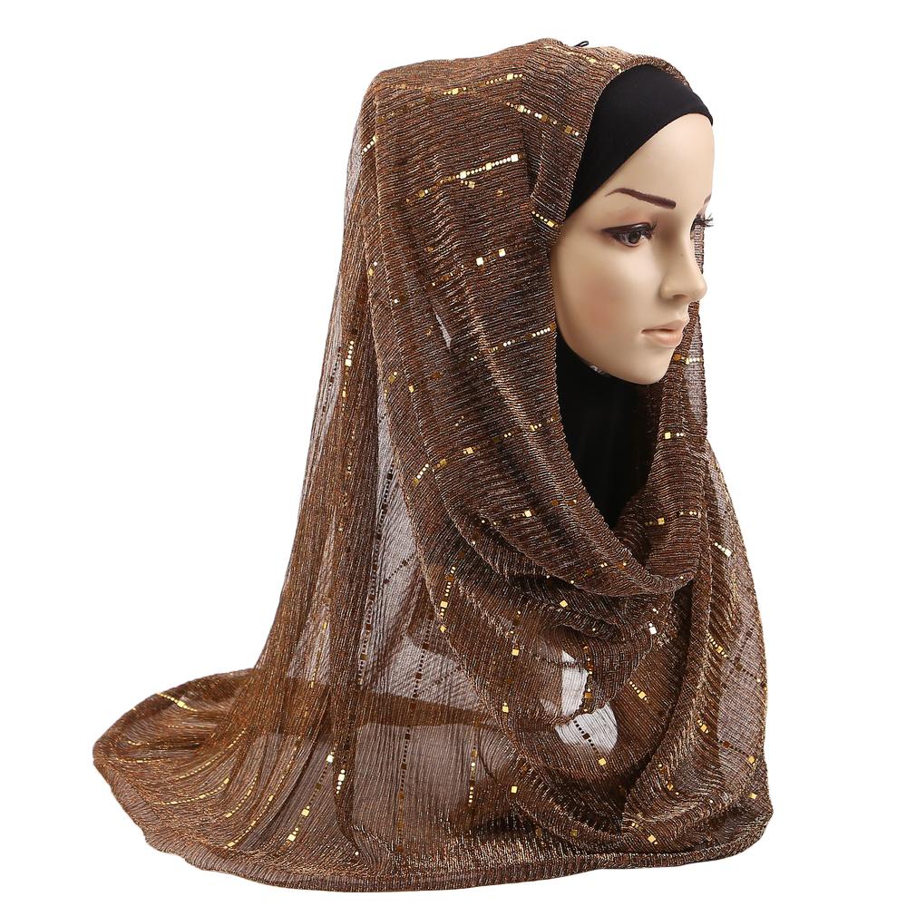 Women Gold Sequins Hijab Scarf, 70x180cm Polyester Shawl Head Cover Daily Wear