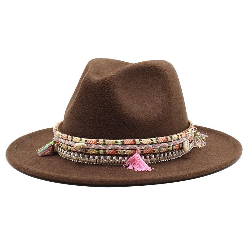 Woolen Top Hat, Fringed Minority Style Jazz Hat, Retro Flat-Brimmed Big Eaves Hat.
