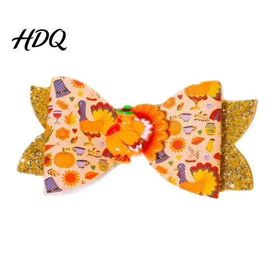 Faux Leather Hair Clips Thanksgiving Turkey Bow Clip for Girls Decorative Pins Bows Double Layer Glitter Clip Cute Autumn Holiday Party Accessories