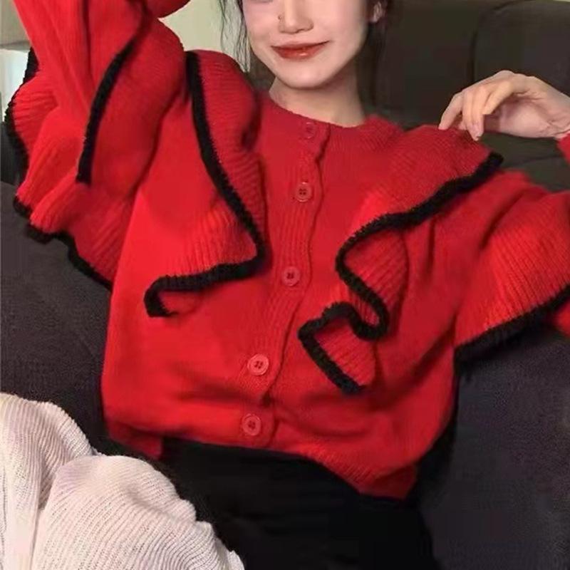 Color-Block Ruffled Knitwear with Design Sense: Early Autumn Women's Elegant Office Loose Sweater Top