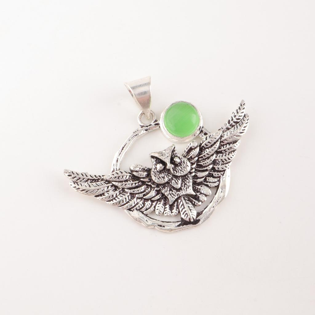 Grüner Katzenaugen-Edelstein 925 Sterlingsilber Schmuck Handgefertigter Anhänger 1,48" CP-17-42