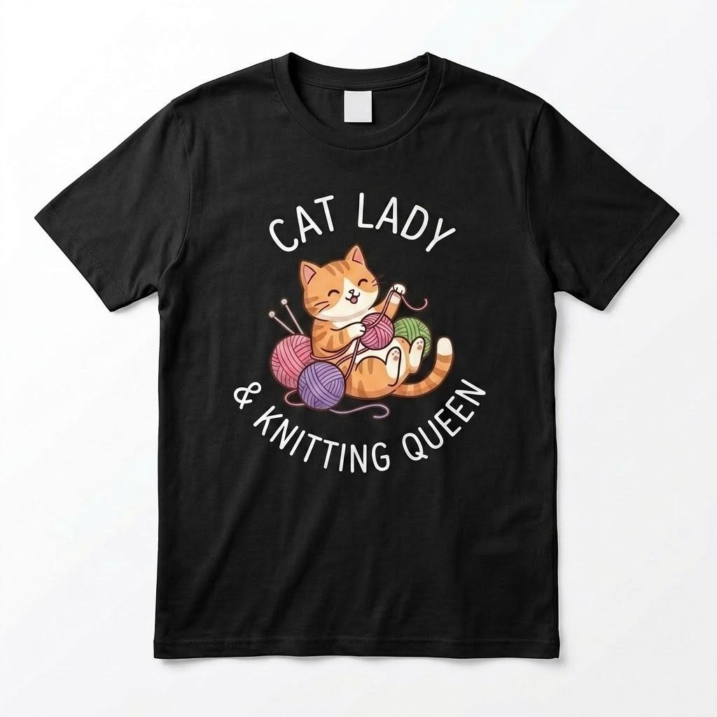 Funny Cat Lady Knitting Queen T-Shirt Cute Ginger Cat Yarn Lover Gift Tee XXXXL