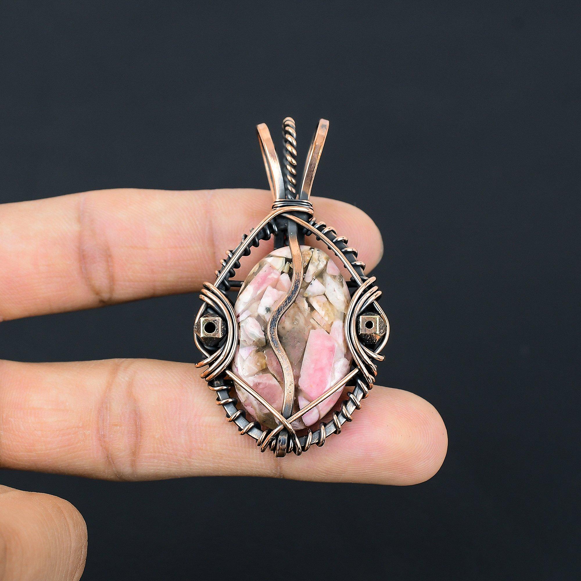 

Медный кулон с родохрозитом, украшения, обернутые медной проволокой 999 пробы, кулон с драгоценным камнем, ювелирное изделие ручной работы в подарок на свадьбу 2.55 Inches