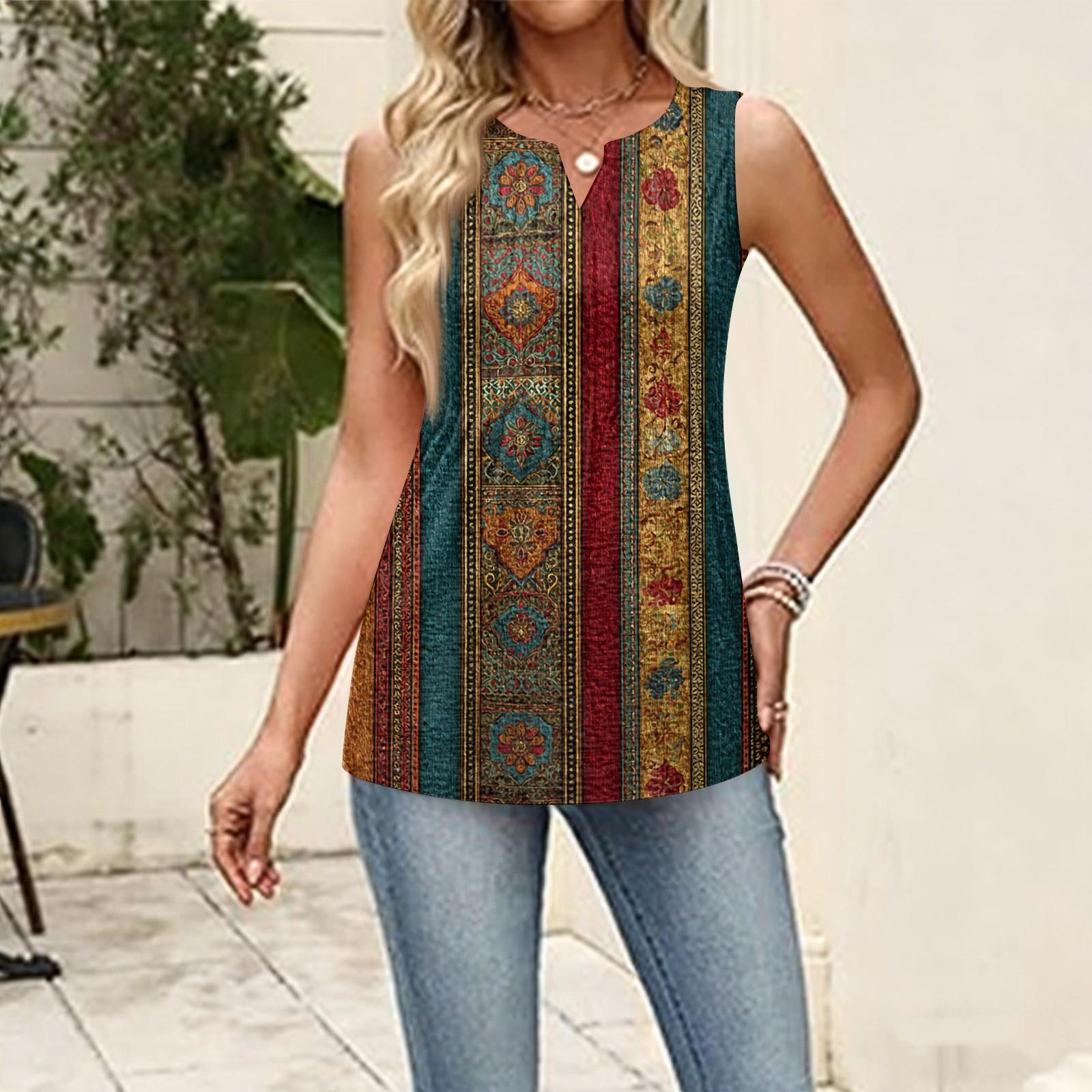 

Women s New Retro Floral Striped Textured Print V-Neck Loose Casual Pleated Sleeveless Vest Top XL Темно-синій