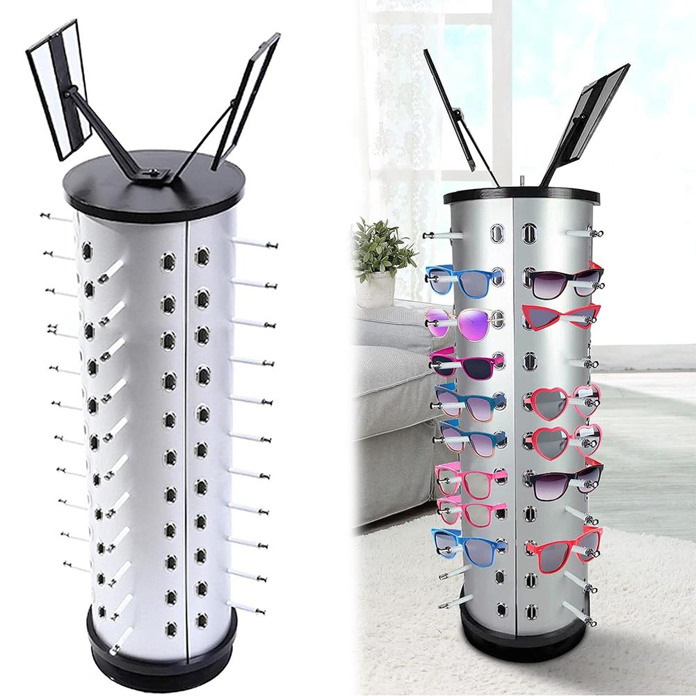 360 Rotating 44 Pairs Sunglasses Eyewear Holder Space-Saving with Mirror Eyewear Collection Sunglasses Display Stand for Store