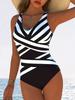 Black And White Printed Cross Gathered Integrated One Piece Bikini Swimsuit Women Fashion Beach Vacation Elegant Wear