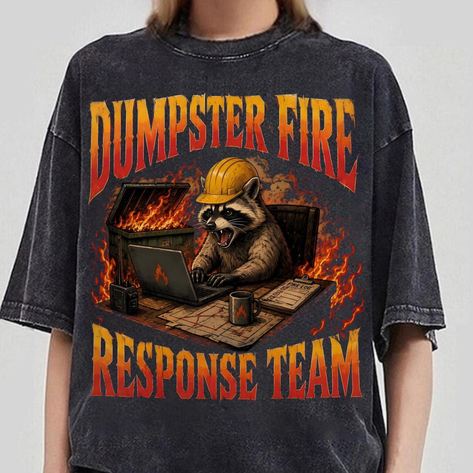 Dumpster Fire Response Team Shirt, Trash Panda Cartoon Tee, Office Humor Tee, Office Work Humor Gift for Coworker, Chaos Funny Meme Tee L