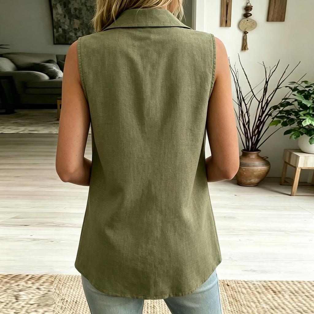 Women's Color V-neck Sleeveless Vest Top Button Inch Shirt