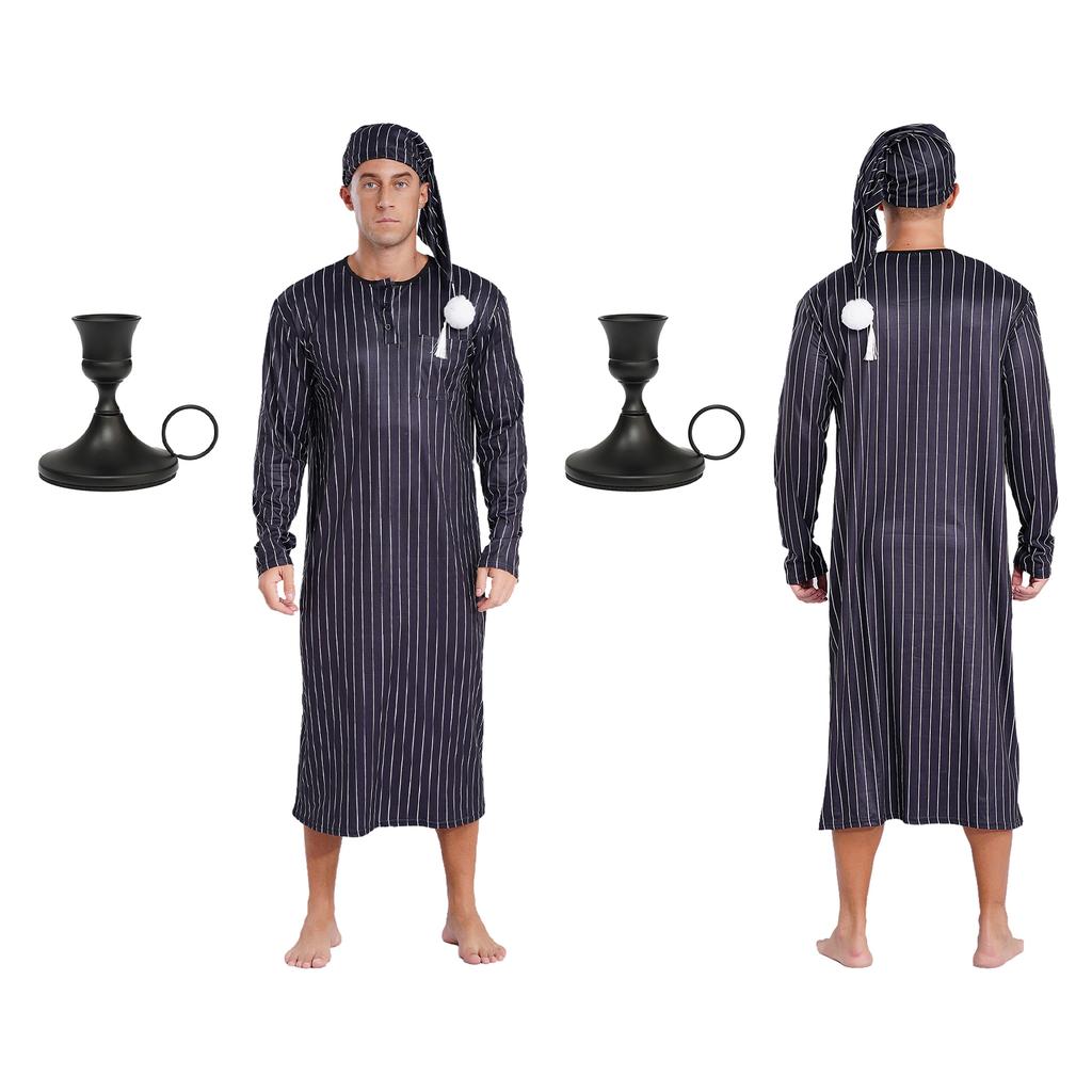 Men's Christmas Pajama Set Striped Sleep Dress Robe with Matching Hat and Candle Holder