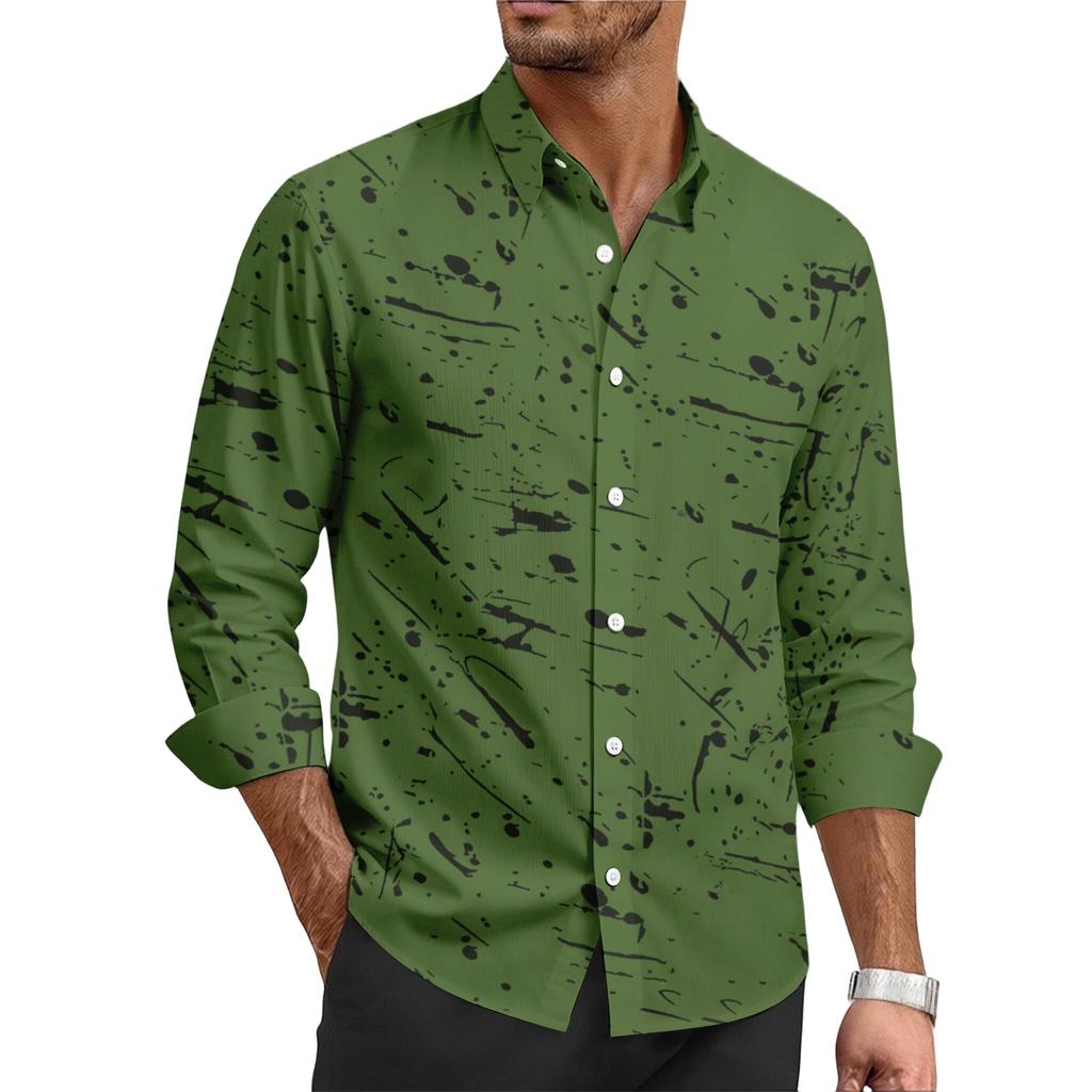 Men's casual stylish ink-blurry texture printed shirt - Men's lapel buttoned long-sleeved top