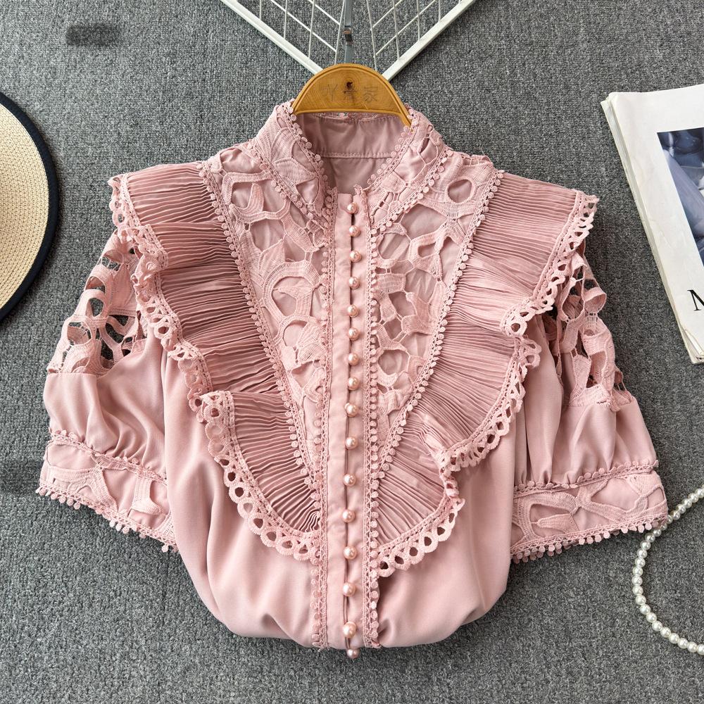 Women's Stand-up Collar Spring Embroidery Shirt Hollow Ruffled Lace Shirt Short-sleeved Solid Colour Ageing Splicing Shirt