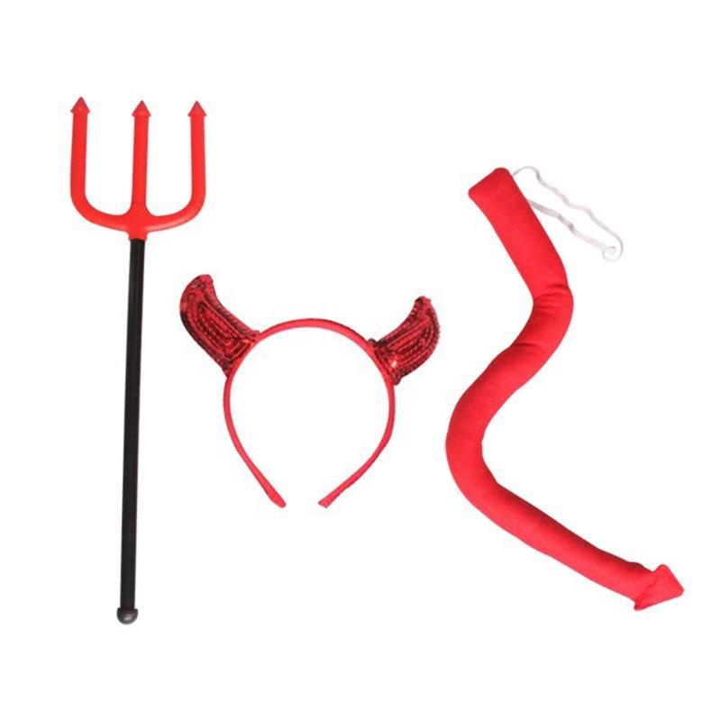 Serre-tête cornes de diable d'Halloween et queue et sceptre ras du cou Accessoires de fête de costume de cosplay d'Halloween pour adulte