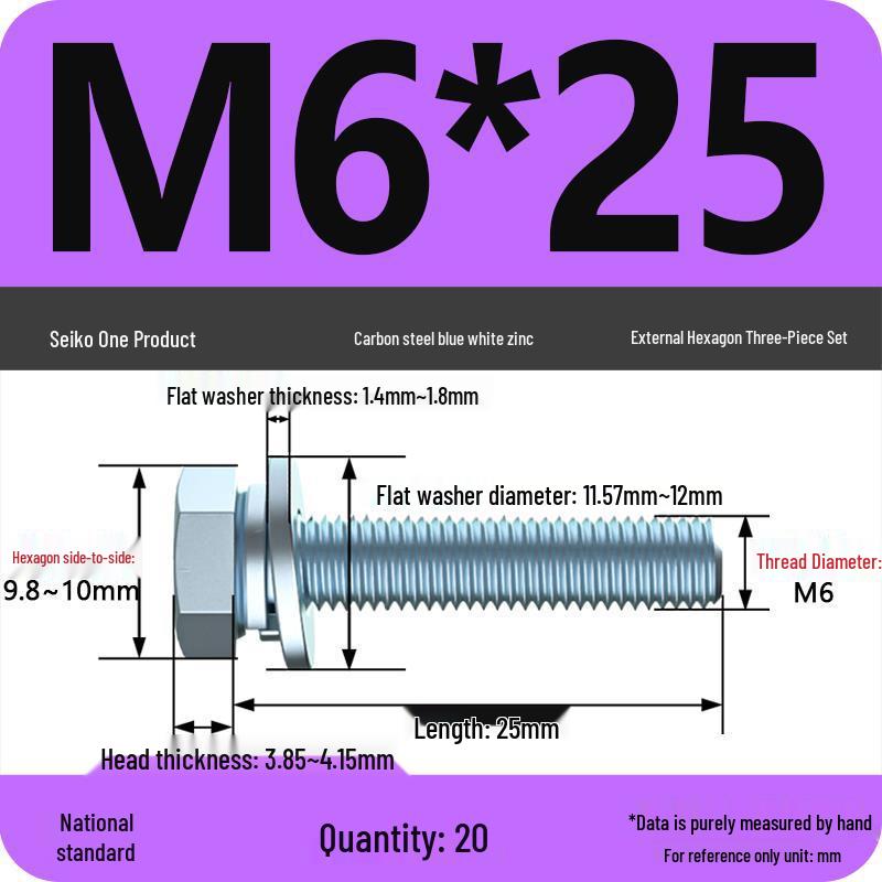 Grade 8.8 Galvanized Hex Bolt Set: Includes Hex Bolt, Spring Washer, Flat Washer (Sizes: M4, M5, M6, M8, M10, M12)