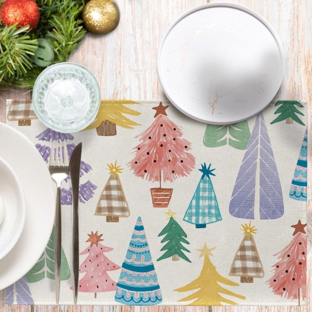 4pcs Kitchen Supplies Linen Christmas Placemat Rectangular Heat Resistant Table Mat Non Slip Tableware Pad Party